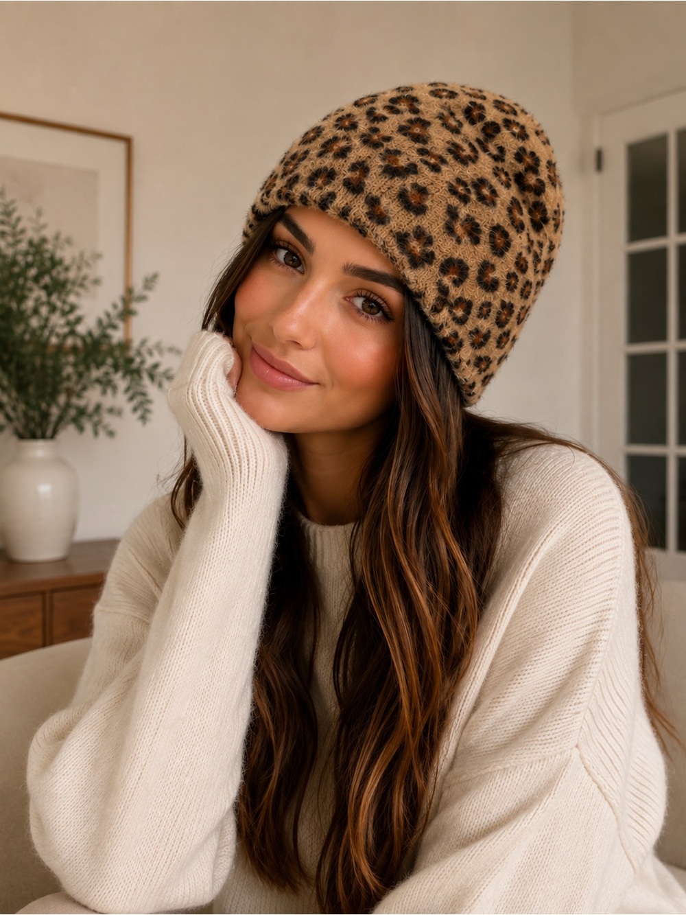 Leopard Print Soft Fuzzy Knit Beanie – Tan Brown Animal Print Winter Hat
